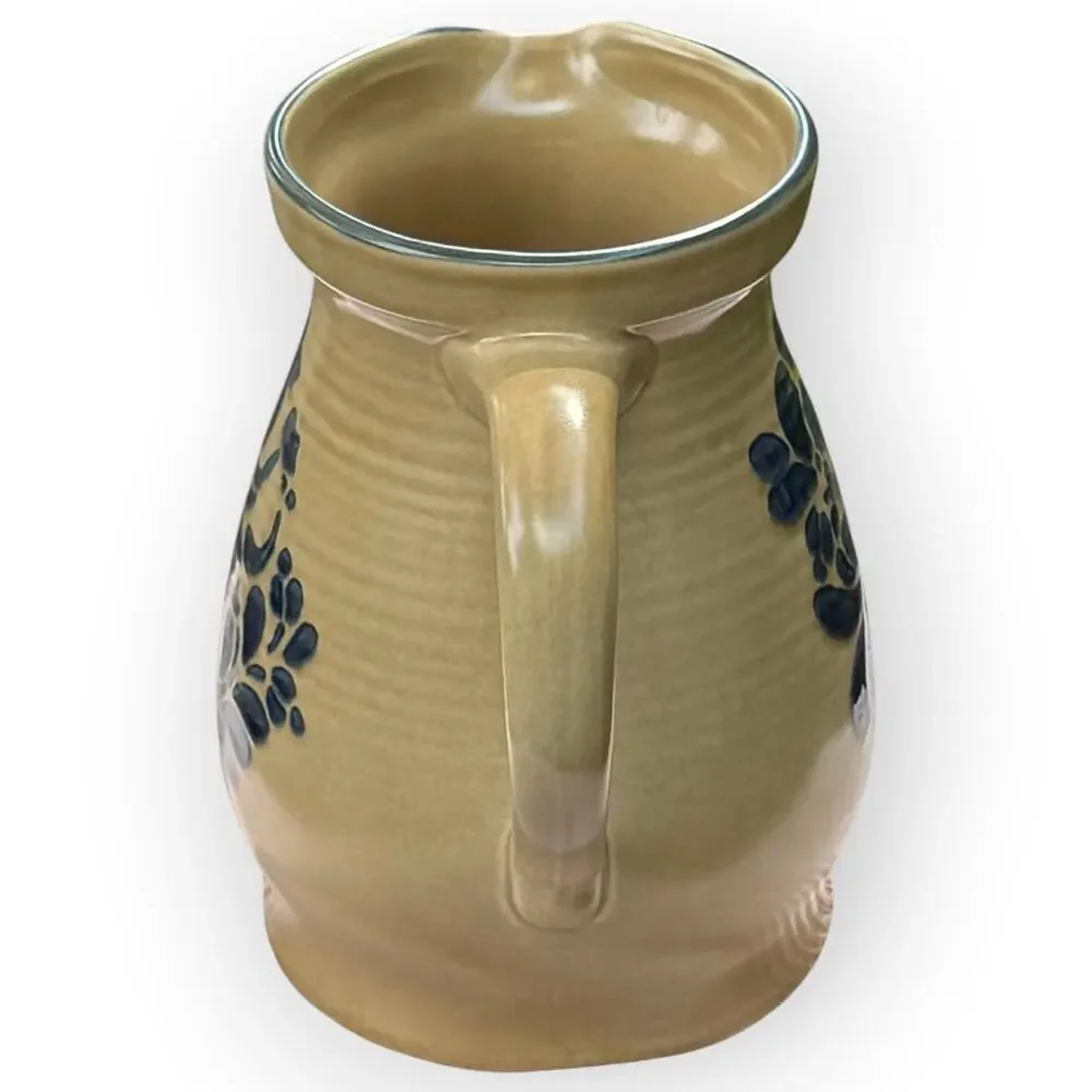 Vintage 80s Pfaltzgraff Tan & Blue Floral Folk Art Stoneware 2.5 Qt Pitcher #416